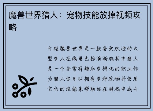 魔兽世界猎人：宠物技能放掉视频攻略