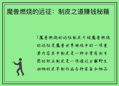 魔兽燃烧的远征：制皮之道赚钱秘籍